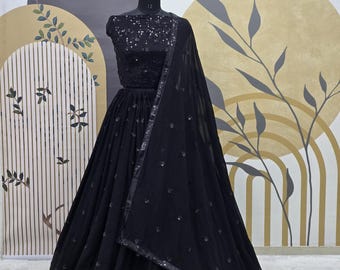 Black Georgette Lehenga Choli: Sequins Embroidery, Party Wedding Wear