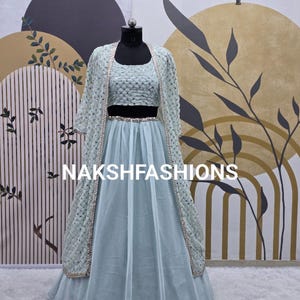Sky Blue Georgette Lehenga Choli with Embroidery Sequence Work & Long Koti