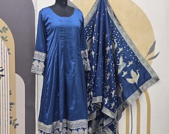 Blue Satin Silk Anarkali Gown: Thread Sequence, Dupatta, Ethnic Dress