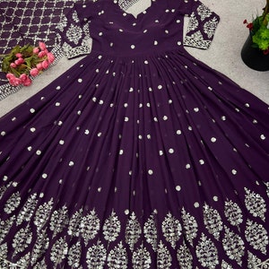 Party Wear Purple Georgette Gown With Embroidery Sequence Work And Dupatta For Women, Long Flared Dress, Designer Dress, Bridesmaid Outfit image 4