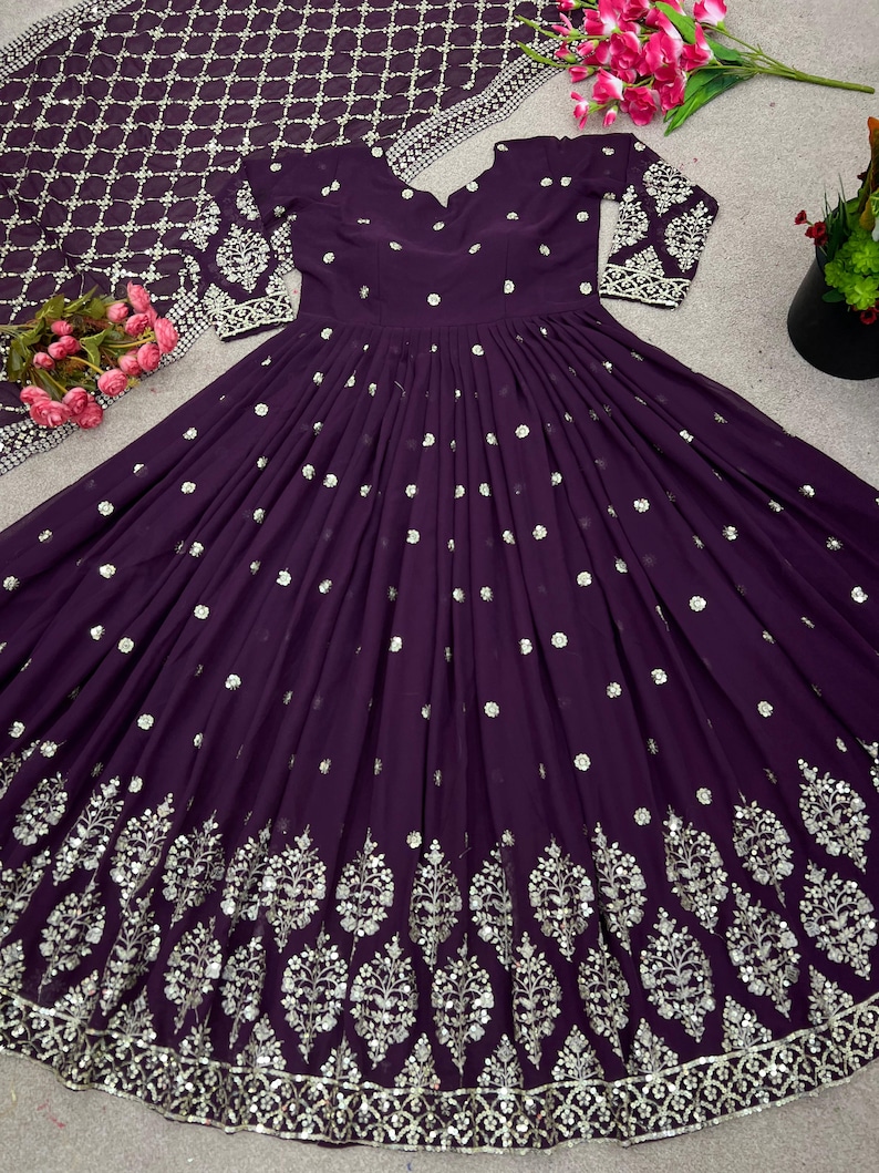 Party Wear Purple Georgette Gown With Embroidery Sequence Work And Dupatta For Women, Long Flared Dress, Designer Dress, Bridesmaid Outfit image 4