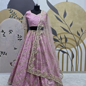 Pink Chinnon Silk Lehenga Choli For Women , Ready To Wear Custom Stitched Chinnon Lehenga Choli , Indian Bridesmaid Wedding Lehenga Choli