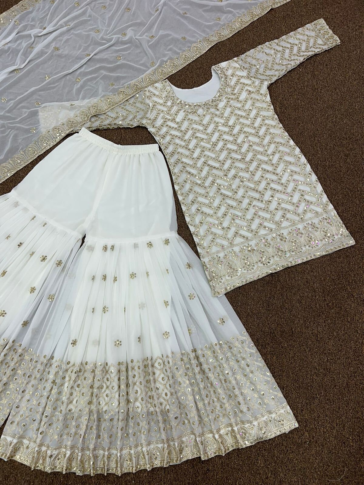 Heavy Faux Georgette Designer Suit Set – Embroidered Top, Farshi Pant & Dupatta