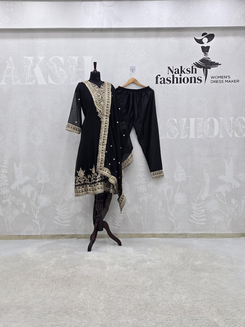 Designer Black & Gold Salwar Suit, Heavy Sequins Work Punjabi Suit, Ethnic Dress image 1