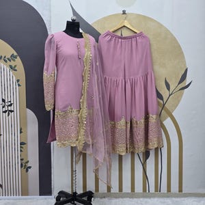Pink Georgette Sharara Suit: Embroidered Indian Kurta with Dupatta