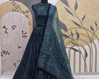 Designer Teal Georgette Lehenga with Dupatta | Turquoise Heavy Work Indian Dress , Sangeet Outfit