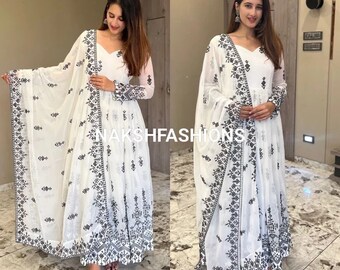 Designer White Georgette Gown With Embroidery Work And Net Dupatta With Embroidery Work Gown For Women,indian Gown,evening Gown