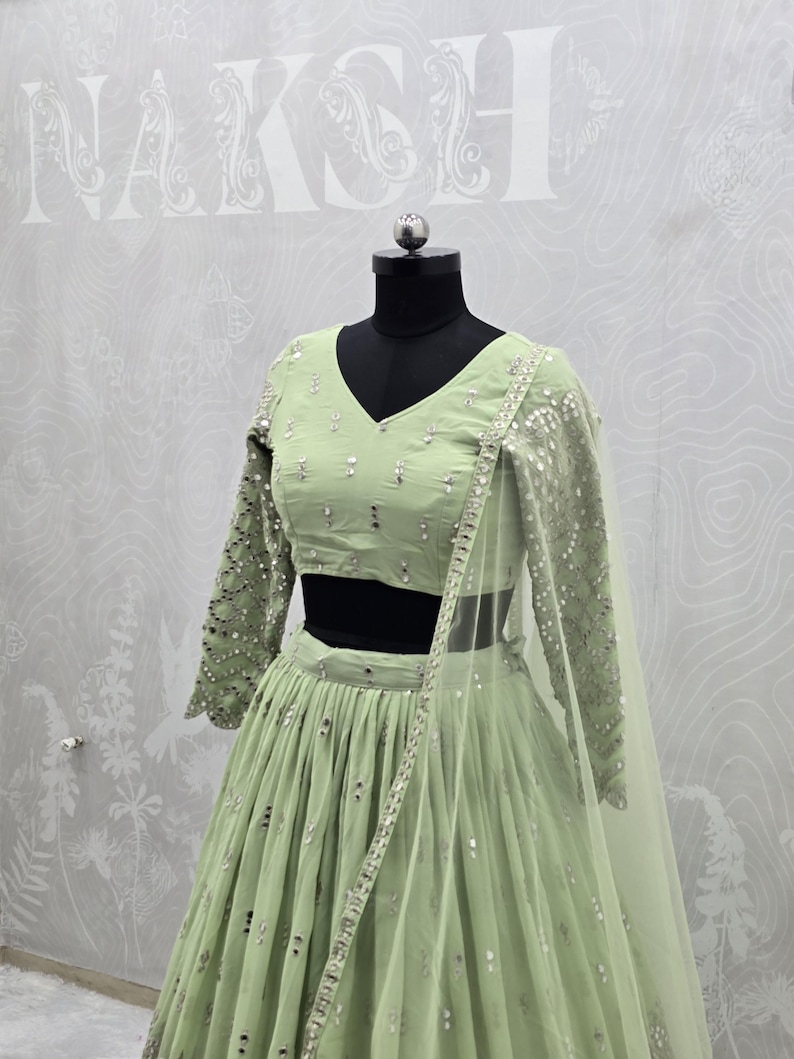 Lehenga Choli, Pista Green Georgette Bridal Outfit, Wedding Gift for Bridesmaid or Bride image 5