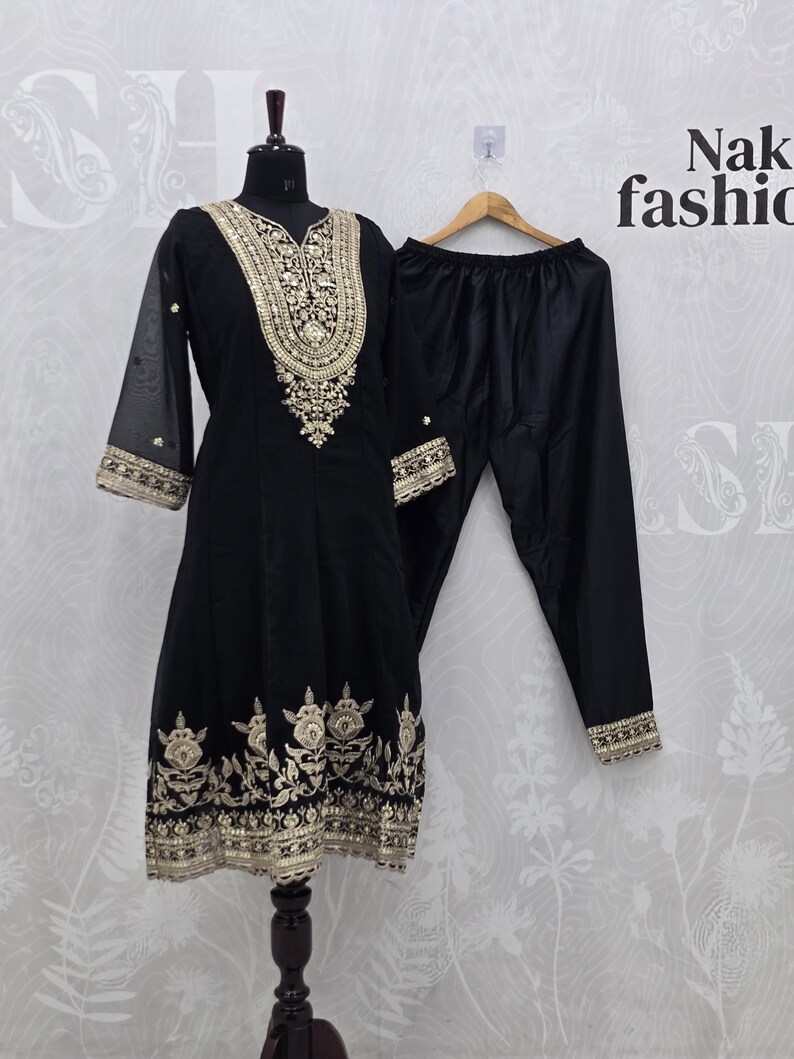 Designer Black & Gold Salwar Suit, Heavy Sequins Work Punjabi Suit, Ethnic Dress image 3