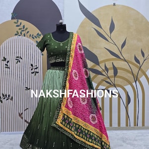 Green Chinnon Silk Lehenga Choli: Embroidery & Sequence Work, Indian Wedding Wear