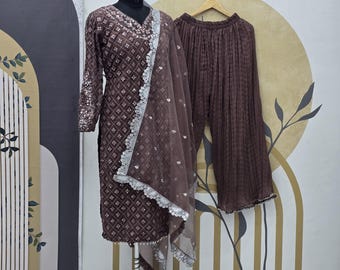 Traje palazzo kurta de georgette marrón: dupatta de organza con bordado