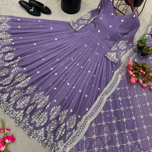 Party Wear Purple Georgette Gown With Embroidery Sequence Work And Dupatta For Women, Long Flared Dress, Designer Dress, Bridesmaid Outfit image 5