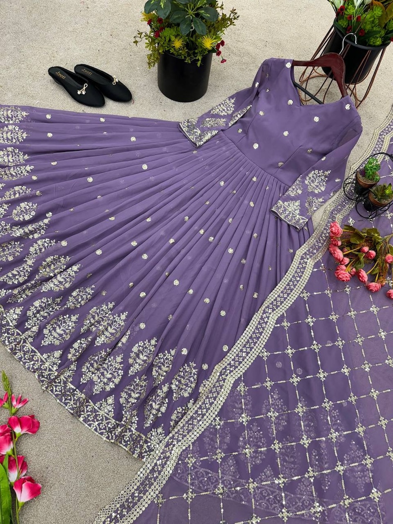 Party Wear Purple Georgette Gown With Embroidery Sequence Work And Dupatta For Women, Long Flared Dress, Designer Dress, Bridesmaid Outfit image 5