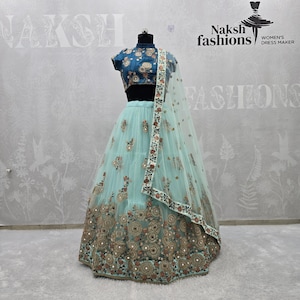 Ferozi Embroidered Net Lehenga Choli: Indian Wedding Party Wear