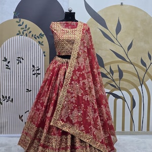 Designer Bridal Wear Red Organza Lehenga Choli With Zari Sequence Work Dupatta For Women , Wedding Lehenga, Lehenga , Wedding lehenga