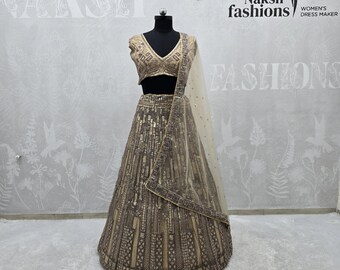 Lehenga Choli de malla de cobre: vestido de diseñador indio con lentejuelas e hilo