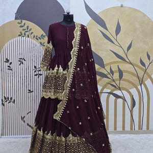 Brown Georgette Lehenga with Embroidered Top & Dupatta