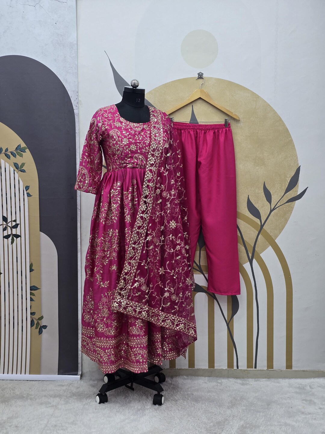 Designer Chinnon Silk Gown Set – Embroidered Top, Plazzo & Dupatta