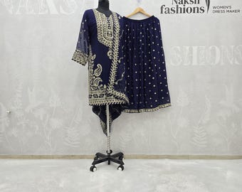 Embroidered Georgette Kurta Sharara Set: Pakistani Partywear Salwar Kameez