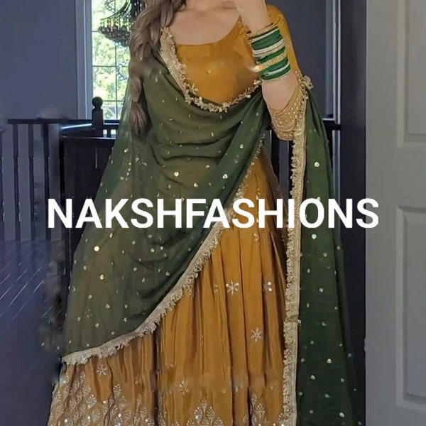 Yellow Georgette Long Anarkali Dress With Heavy Embroidery Sequence Work And Heavy Faux Georgette Dupatta For Women , Designer Dress