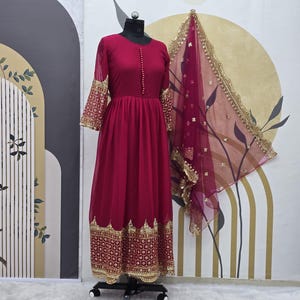 Red Georgette Anarkali Gown: Embroidered Indian Dress with Dupatta