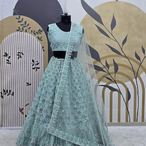 May include: A light blue embroidered lehenga with a matching sleeveless blouse. The lehenga is made of net fabric with intricate floral designs and sequins. The outfit is displayed on a mannequin against a backdrop of a patterned wall.