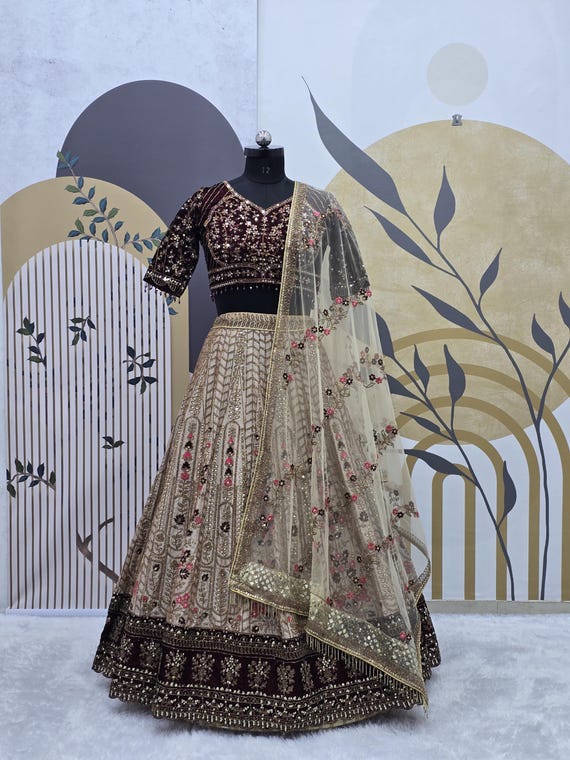 Beige Lehenga Choli With Zari Dori and Sequence Work Blouse With Soft Net Less Border Dupatta for Women Bridesmaid Wedding Lehenga Choli Etsy Canada