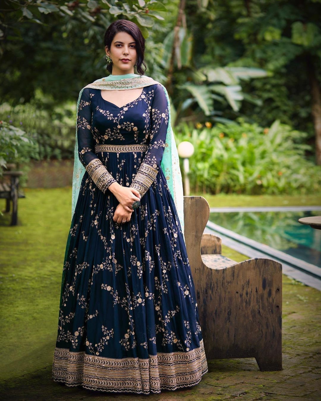 Faux Georgette All Season Designer Heavy Digital Print Faux Georgette Gown With Dupatta Suit With Heavy Digital Print And Pickled Bluewood Dupatta