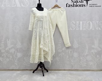 White Georgette Anarkali Suit Set:  Embroidery Sequence Work, Party Wear
