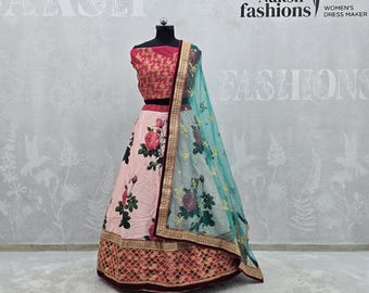 Pink Floral Art Silk Lehenga Choli with Teal Net Dupatta, Embroidered Wedding Outfit