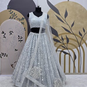 Sky Blue Net Lehenga Choli: Sequin & Zari Work Wedding Dress