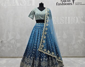 Teal Blue Georgette Lehenga Choli Set, Sequins Zari Embroidery, Bridal Wedding Outfit