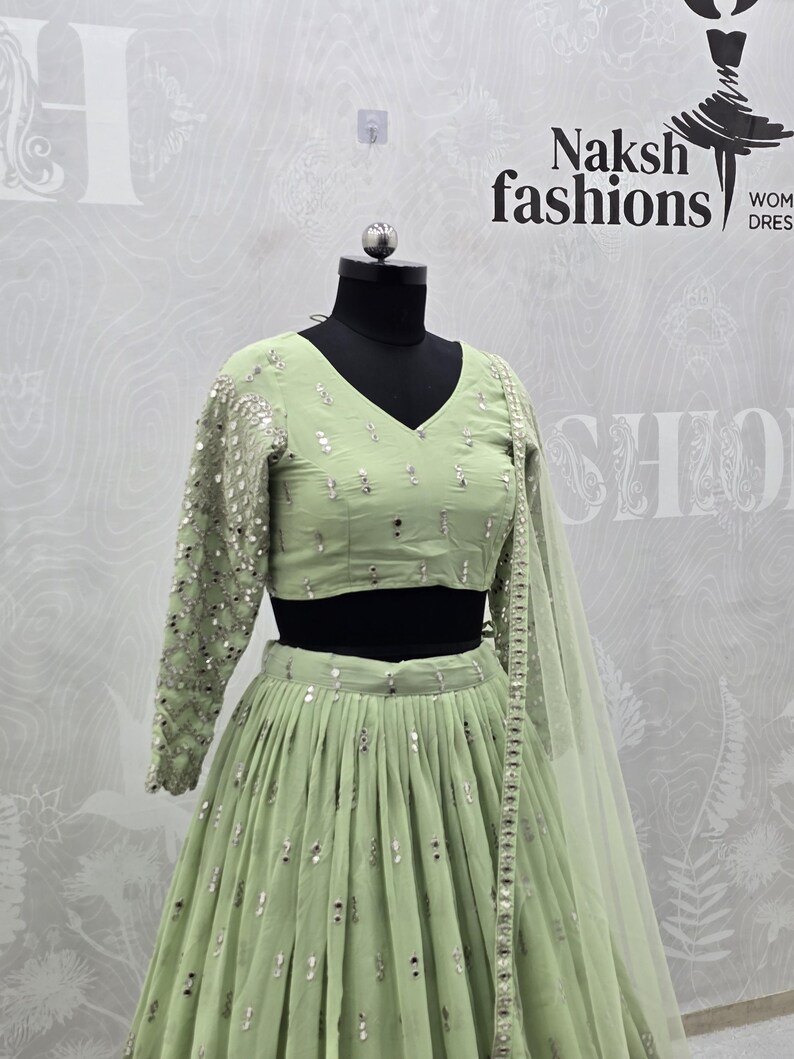 Lehenga Choli, Pista Green Georgette Bridal Outfit, Wedding Gift for Bridesmaid or Bride image 6