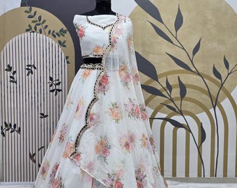 Lehenga Choli de organza blanca / Vestido de novia indio color marfil / Traje de boda de diseñador / Conjunto de falda elegante