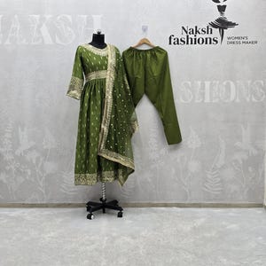 Mahendi Green Chinnon Silk Gown: Indian Anarkali Kurti with Sequence Embroidery