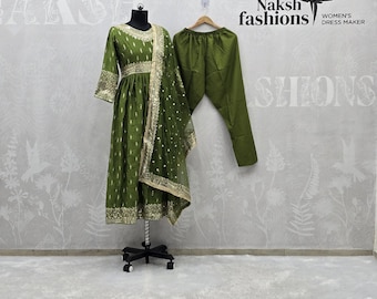 Mahendi Green Chinnon Silk Gown: Indian Anarkali Kurti with Sequence Embroidery
