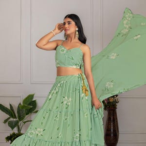 Printed Blue Georgette Lehenga Choli: Floral Work, Samosa Lace Dupatta Pista Green