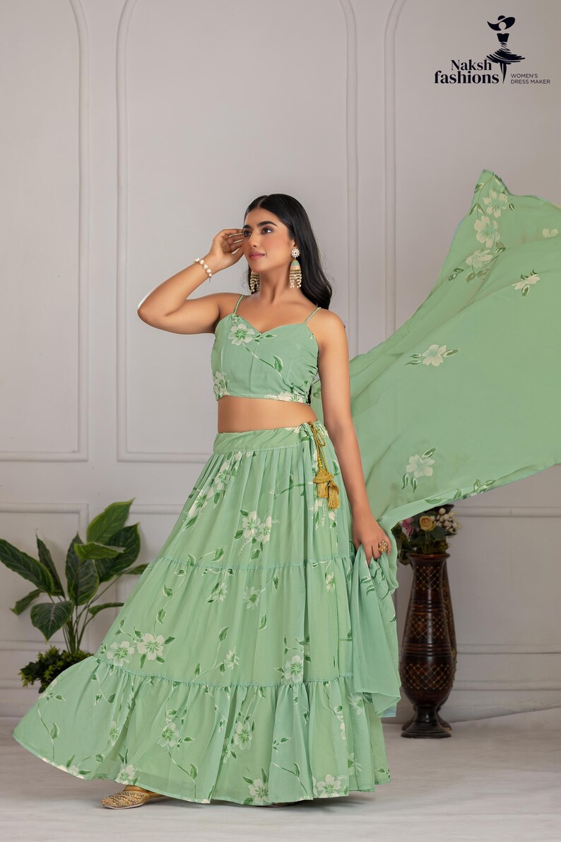 Printed Blue Georgette Lehenga Choli: Floral Work, Samosa Lace Dupatta Pista Green