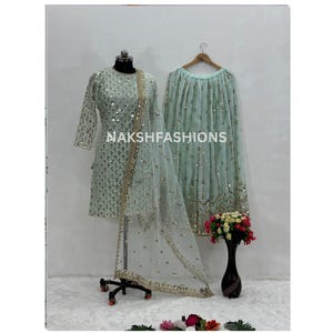 Mint Green Kurta Palazzo: Sequence Embroidery Party Wear