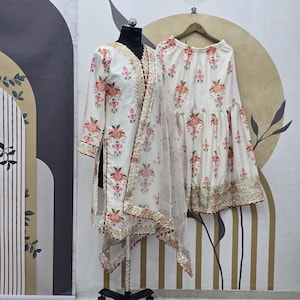 White Georgette Sharara Suit: Embroidered Kurta, Palazzo & Dupatta
