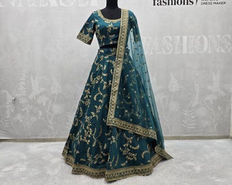 Teal Blue Art Silk Lehenga Choli: Sequin Embroidery Indian Wedding Outfit