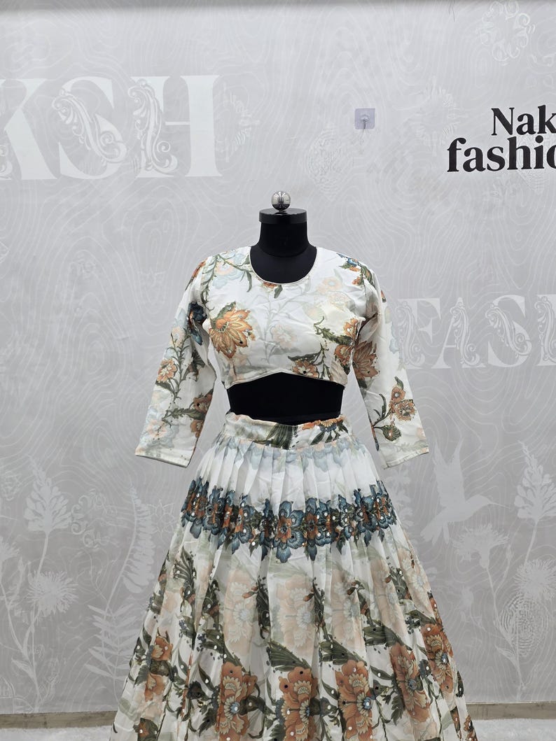 White Tabby Silk Lehenga with Embroidered Blouse, Weddings & Festivals, Elegant Gift for Bridesmaids image 3