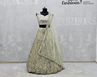 Conjunto de lehenga choli de seda color marfil, traje de novia indio con bordados intensos