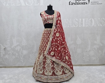 Lehenga Choli de seda roja: vestido de novia indio bordado con dupatta de organza