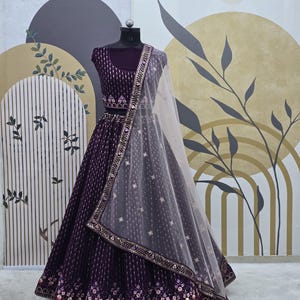 Wine Georgette Lehenga Choli: Indian Wedding Partywear with Embroidery