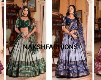 Ready To Wear Tussar Silk Lehenga Choli With Print, Foil Work And Dupatta For Women, Designer Lehenga, Party Wear Lehenga Choli, Ethnic Wear