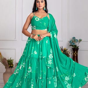 Printed Blue Georgette Lehenga Choli: Floral Work, Samosa Lace Dupatta Green