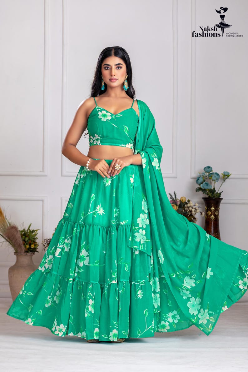 Printed Blue Georgette Lehenga Choli: Floral Work, Samosa Lace Dupatta Green