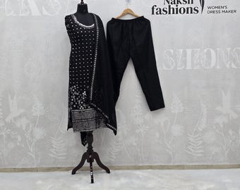 Black Georgette Anarkali Kurti: Indian Salwar Kameez with Sequence Embroidery