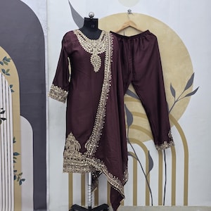Embroidered Chinnon Silk Salwar Kameez: Brown Palazzo Set, Pakistani Wedding Dress